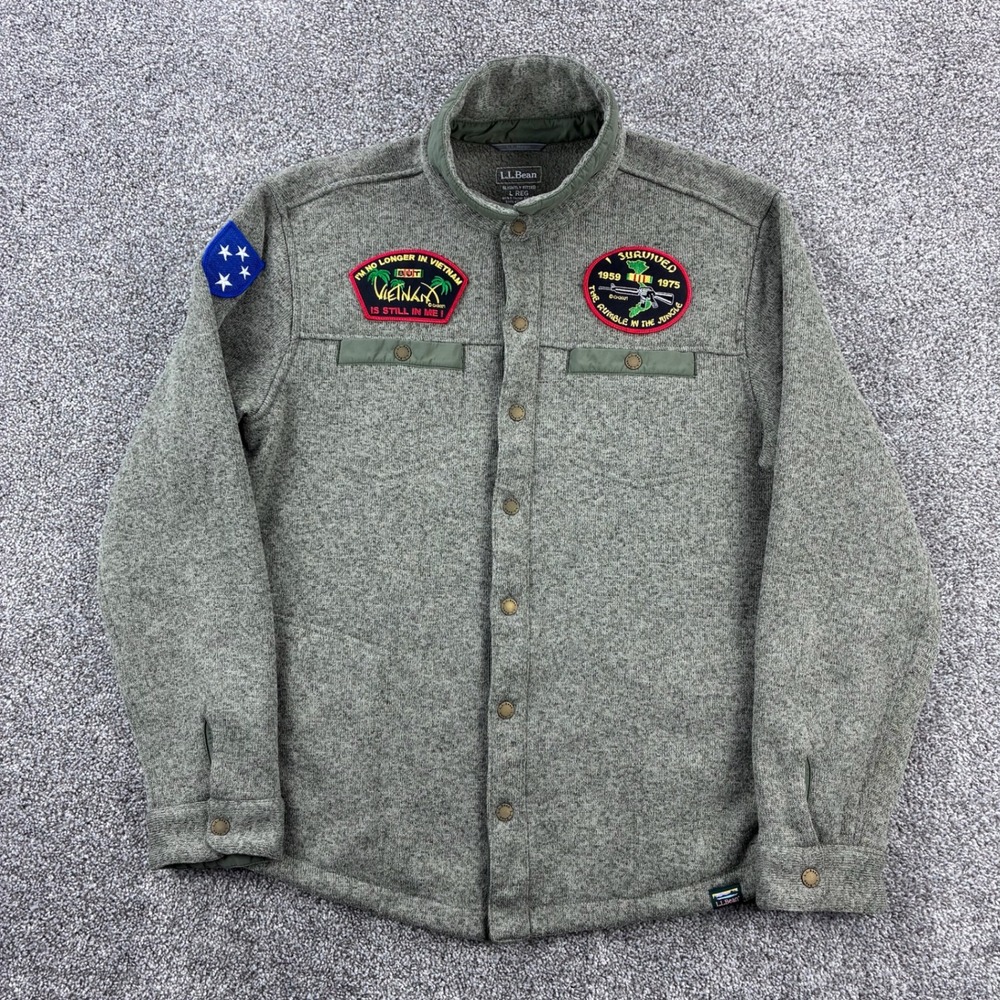 LL‎ Bean Sweater Fleece Shirt Jacket Mens Large Green Snap Front Vietnam Patches